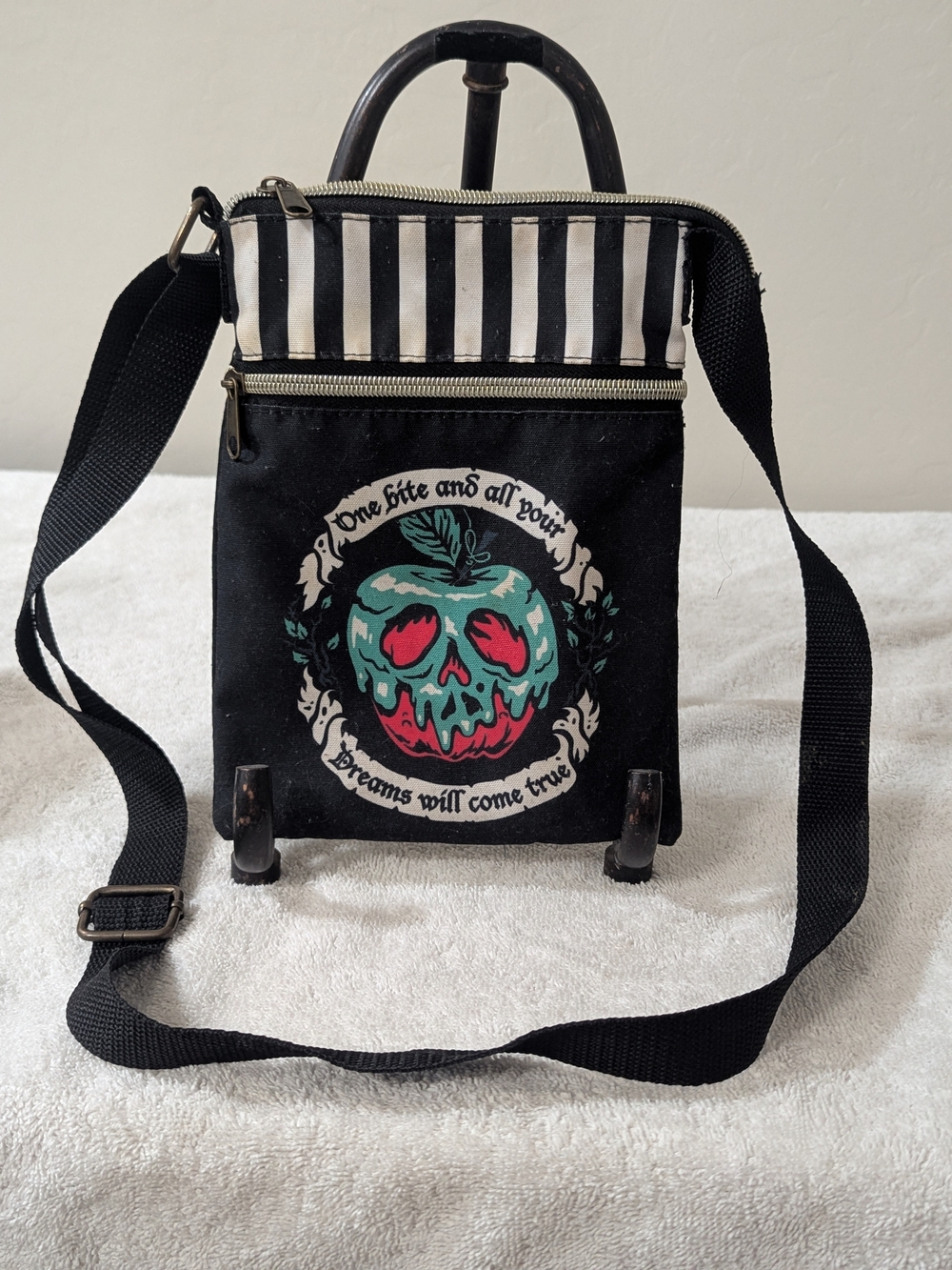 Loungefly Black Satchel with Striped Trim & Teal Skull Apple Graphic